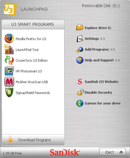 USB San Disk Cruzer Thumb Drive Menu